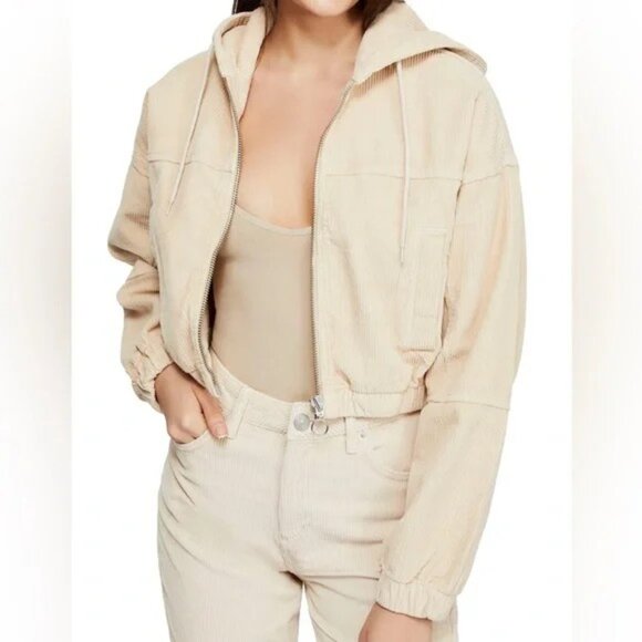 BDG Urban Outfitters Cream Corduroy Cropped Hooded Jacket In Women's Size Small - Picture 1 of 11